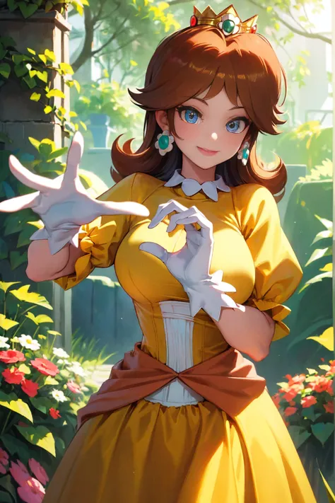 ((masterpiece,best quality,ultra-delicate,Perfect Face,detailed eyes,16k,high resolution,very beautiful girl)), princess daisy, yellow princess long skirt dress, white gloves, brown hair,large breasts,,smile,energetic,many flower garden,heart hands