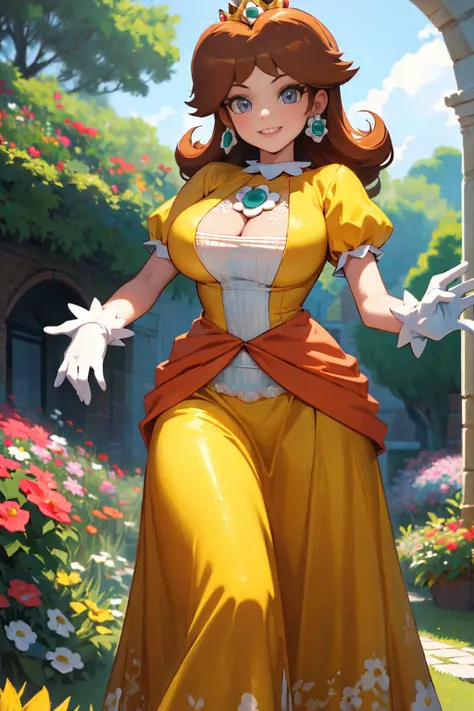 ((masterpiece,best quality,ultra-delicate,Perfect Face,detailed eyes,16k,high resolution,very beautiful girl)), princess daisy, yellow princess long skirt dress, white gloves, brown hair,large breasts,,smile,energetic,many flower garden,heart hands