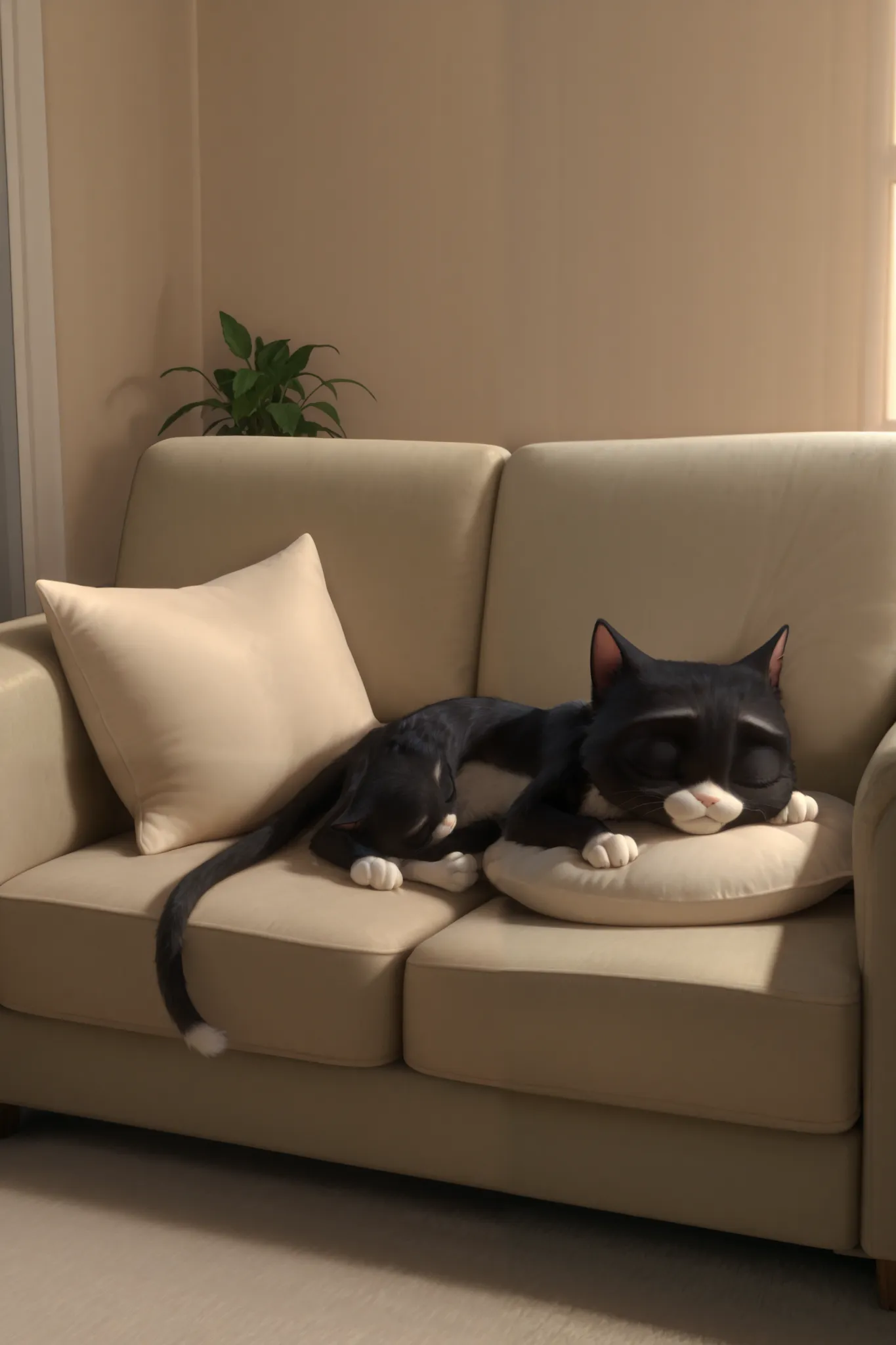 masterpiece, best quality, amazing quality, very aesthetic, high resolution, absurdres, newest BREAK m1ttens, cat, on couch, lying, on back, sleeping, closed eyes, on pillow, indoors, living room