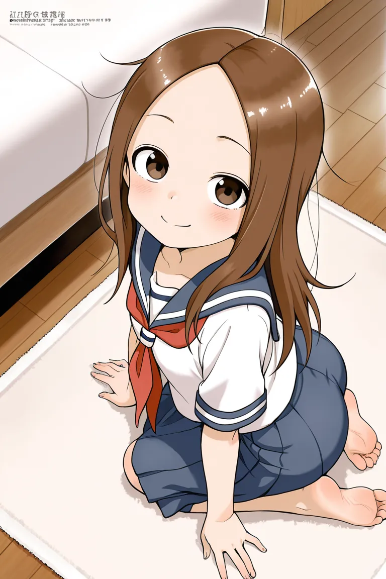 high resolution picture, masterpiece, best quality, amazing quality, official art, solo, 1girl,  Takagi-san from  Karakai Jouzu no Takagi-san, 1girl, aatakagi, solo, long hair, brown hair, parted bangs, collarbone,  small breasts                  serafuku,...