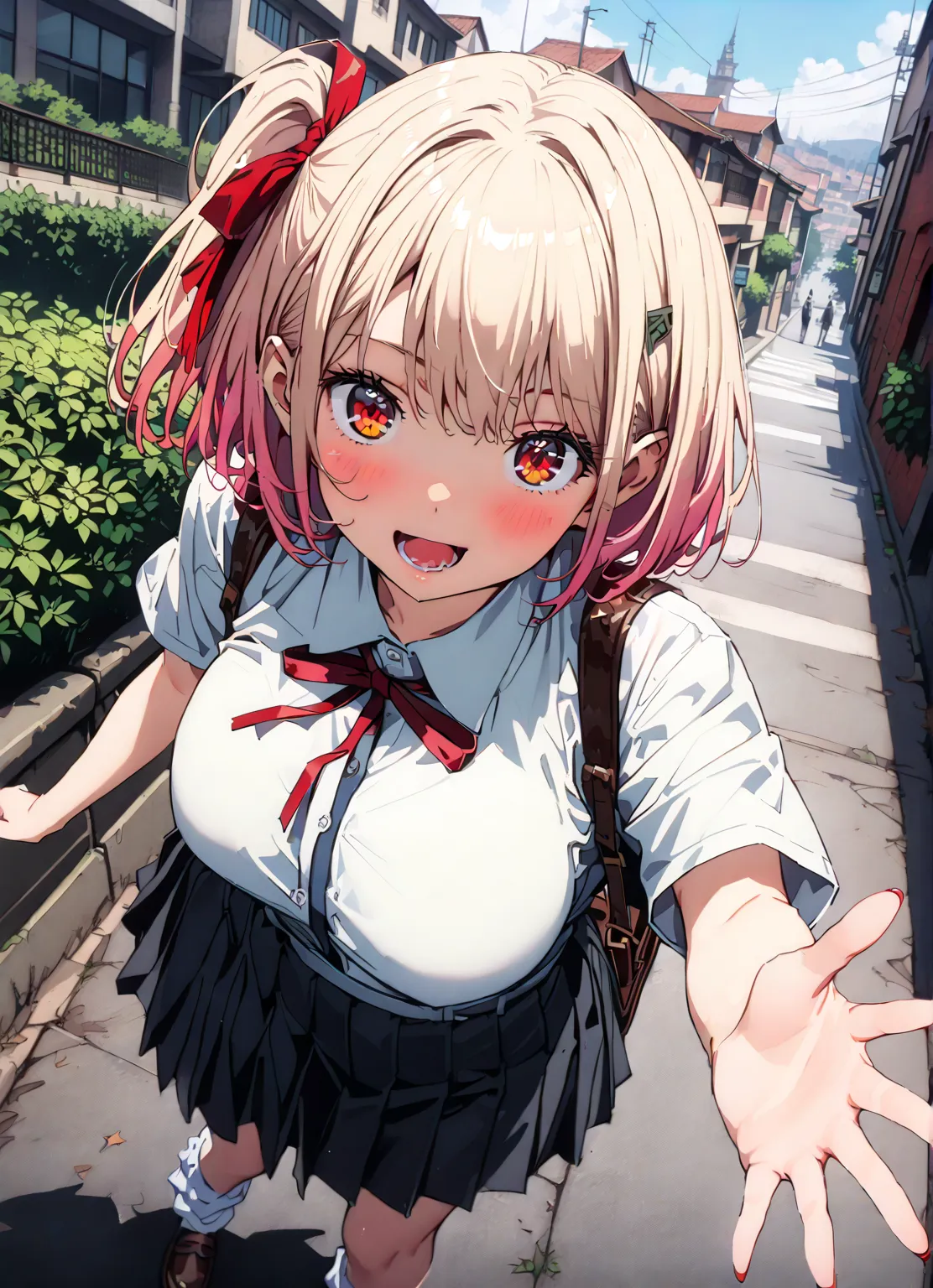 Nishiki Shiho , Nishiki Castle Senri,  short hair, bangs, blond hair, red eyes,  hair ribbon,  One Side Up, bob cut,Big Breasts, Chest Valley,Chest, gal,smile,blush,opens her mouth,  collared shirt,Short sleeve,school bag ,  Black Mini Pleated Skirt  ,  lo...