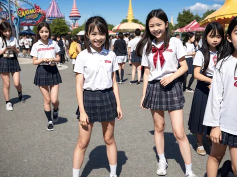  nsfw, Highest quality、 masterpiece、Ultra High Definition、((( at a crowded amusement park)))、 (realistic:1.4)、RAW photo、very detailed、very detailed skin、　(( 2 female middle school students :1.4))、 middle school uniform、((Average sized small boobs of a midd...