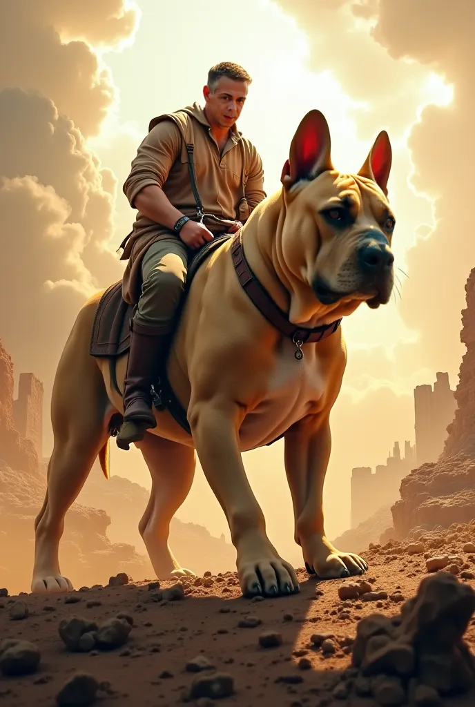 Create a man rides a giant light fawn French bulldog that chases and crushes enemies biblical