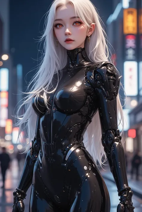 AI woman with black cyberbody, with grey details, very tall, with thick thighs, wide hips, long legs, and a slender waist. Dark red glowing eyes, long flowing white hair. No mechanical parts on the face, a clean face, a human face, Nothing in her hand. All...