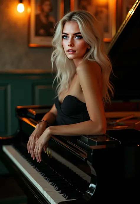 A beautiful Instagram model with long white hair and green eyes sits on a grand piano in a dimly lit jazz club, illuminated by a single golden light. Her expression is enigmatic, a mix of power, seduction, and mystery.