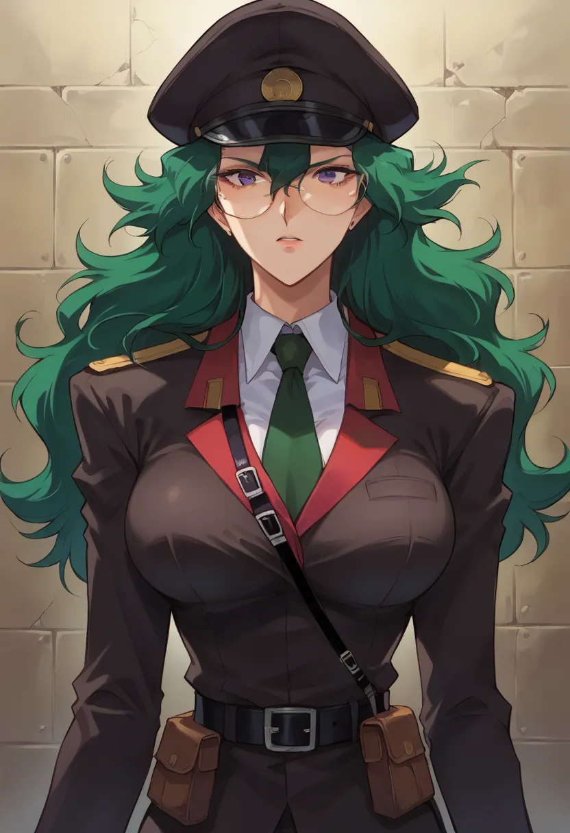  score_9_up,  score_8_up,  score_7_up, 1990s, anime screen capture, BREAK 1girl, Alone, Nalzabi,  long hair,  green hair,  hair between eyes, Glasses, purple eyes, Big Breasts,  military uniform ,  tie,  military cap,   pants, belt,（nsfw:2.9 ,Big Breasts、 ...