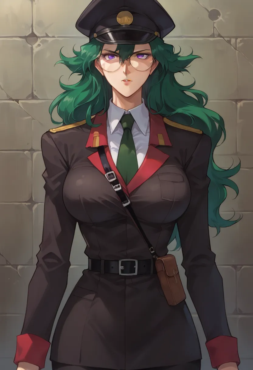  score_9_up,  score_8_up,  score_7_up, 1990s, anime screen capture, BREAK 1girl, Alone, Nalzabi,  long hair,  green hair,  hair between eyes, Glasses, purple eyes, Big Breasts,  military uniform ,  tie,  military cap,   pants, belt,（nsfw:2.9 ,Big Breasts、 ...