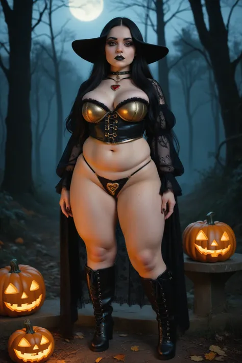 (goth girl), (SMALL GIRL:1.5) ,1 girl,, Outside, witch costume ,gold neck jewelry, (VERY LONG HAIR), PARTED BANGS, pumpkin village, PARTED BANGS, PANTIES THONG, , Thick GOLDEN leather HEART belt, Ceremonial Cloak ,Gothic LEATHER corset, Halloween forest,go...