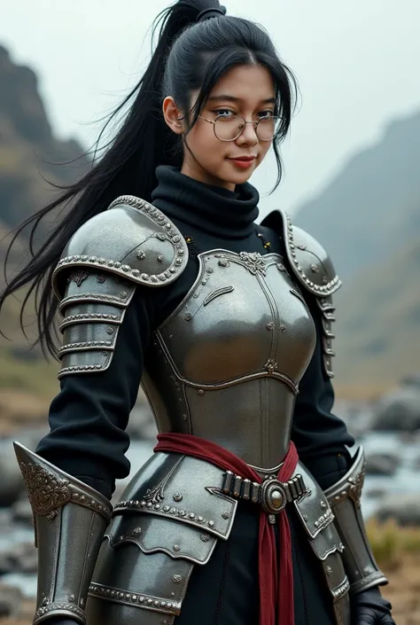 Beautifull japanese female wear ponytail black hair, black turtleneck sweater and knight armor, hold weapon, standing on rock