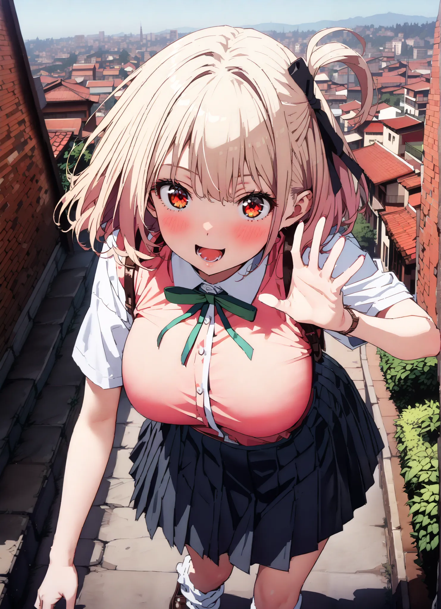 Nishiki Shiho , Nishiki Castle Senri,  short hair, bangs, blond hair, red eyes,  hair ribbon,  One Side Up, bob cut,Big Breasts, Chest Valley,Chest, gal,smile,blush,opens her mouth,  collared shirt,Short sleeve,school bag ,  Black Mini Pleated Skirt  ,  lo...