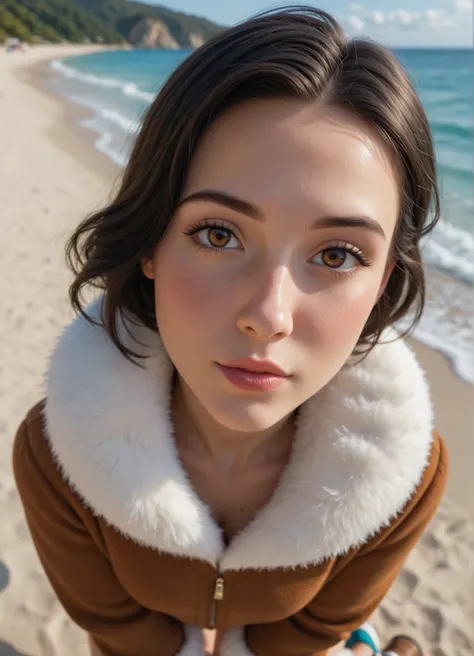 score_9, score_8_above, score_7_above, movie frame,  pretty woman, brown eyes, usamdo biquíni no make above, winter outfit, Blush, black hair, head tilt,  beach , heat, Getting closer to perfection, dynamic, shoes, suave, sharp focus, intricate details, sh...