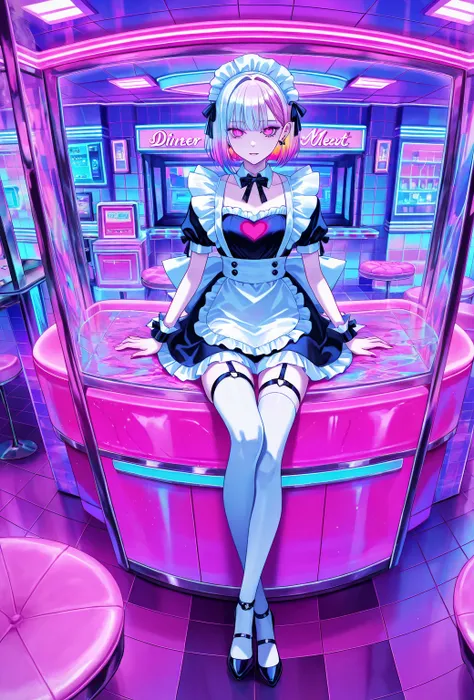 cool beauty, gradation color hair, slender body, sit in Heart-shaped object , maid exotic fashion, diner motif room, neon color, Vaporwave, girl in the glass box,