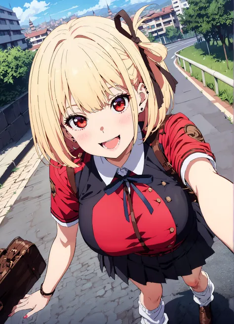 Nishiki Shiho , Nishiki Castle Senri,  short hair, bangs, blond hair, red eyes,  hair ribbon,  One Side Up, bob cut,Big Breasts,Chest, gal,smile,blush,opens her mouth,  collared shirt,Short sleeve,school bag ,  Black Mini Pleated Skirt  ,  loose socks , lo...