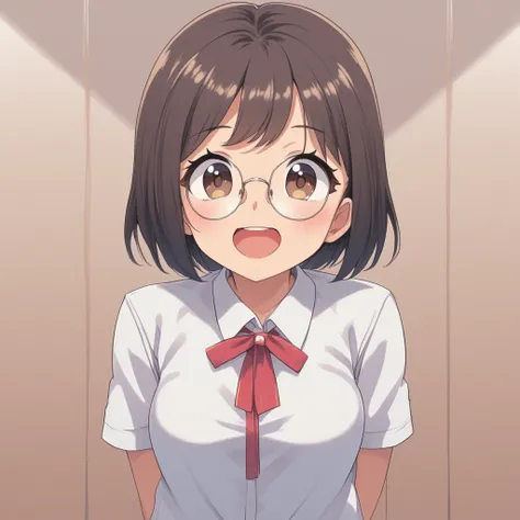 Bob haircut saggy boobs big glasses innocent face anime  girl. Serafuku. Elle a récemment uriné dans son pantalon. Elle regarde le spectateur en souriant.