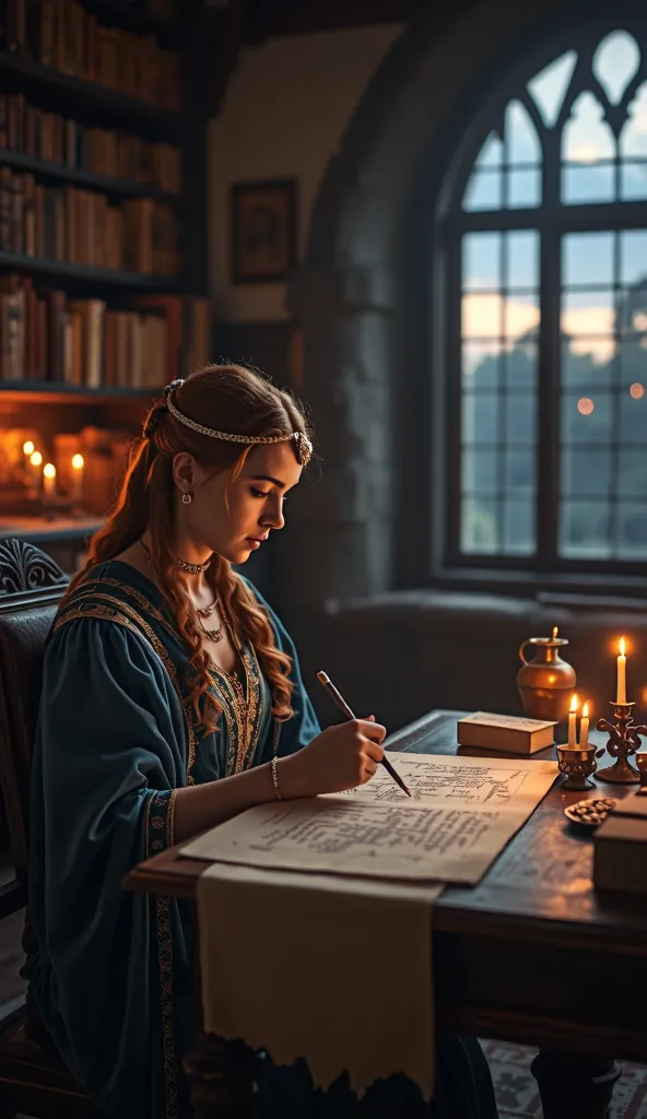 "A hyper-realistic and cinematic depiction of Eleanor of Aquitaine in her final years, seated at a grand wooden desk in the dimly lit scriptorium of an abbey, writing the story of her life. She wears a deep-blue and gold-trimmed gown, her silver-streaked a...