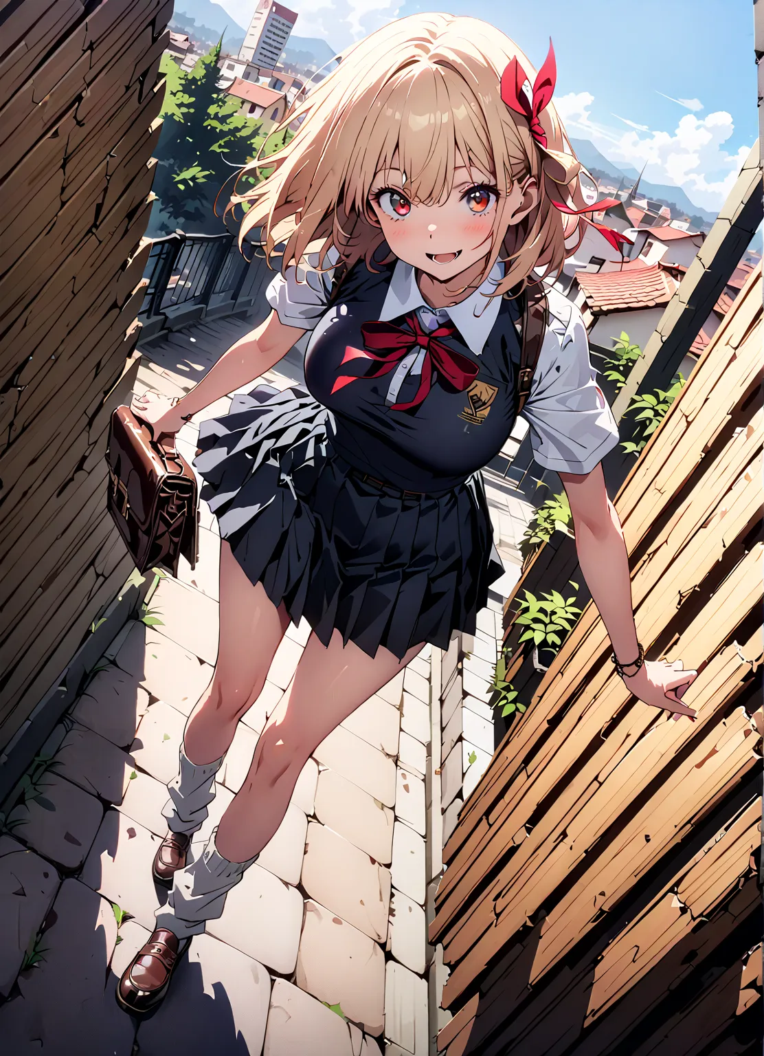 Nishiki Shiho , Nishiki Castle Senri,  short hair, bangs, blond hair, red eyes,  hair ribbon,  One Side Up, bob cut,Big Breasts,Chest, gal,smile,blush,opens her mouth,  collared shirt,Short sleeve,school bag ,  Black Mini Pleated Skirt  ,  loose socks , lo...