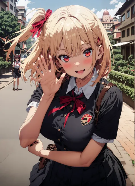 Nishiki Shiho , Nishiki Castle Senri,  short hair, bangs, blond hair, red eyes,  hair ribbon,  One Side Up, bob cut,Big Breasts,Chest, gal,smile,blush,opens her mouth,  collared shirt,Short sleeve,school bag ,  Black Mini Pleated Skirt  ,  loose socks , lo...