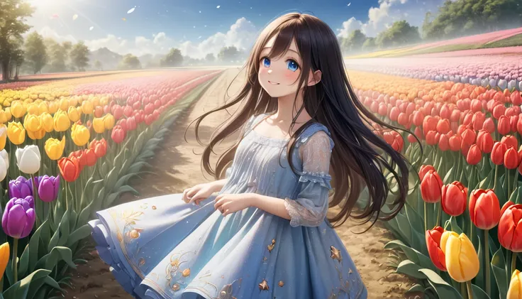 quality, (8k,Highly detailed CG unit wallpaper, masterpiece,High resolution,top-quality,top-quality real texture skin, surreal,Increase the resolution,highest quality,Very detailed,wallpaper),break、Walking through a Tulip field, long shot, beautiful light ...