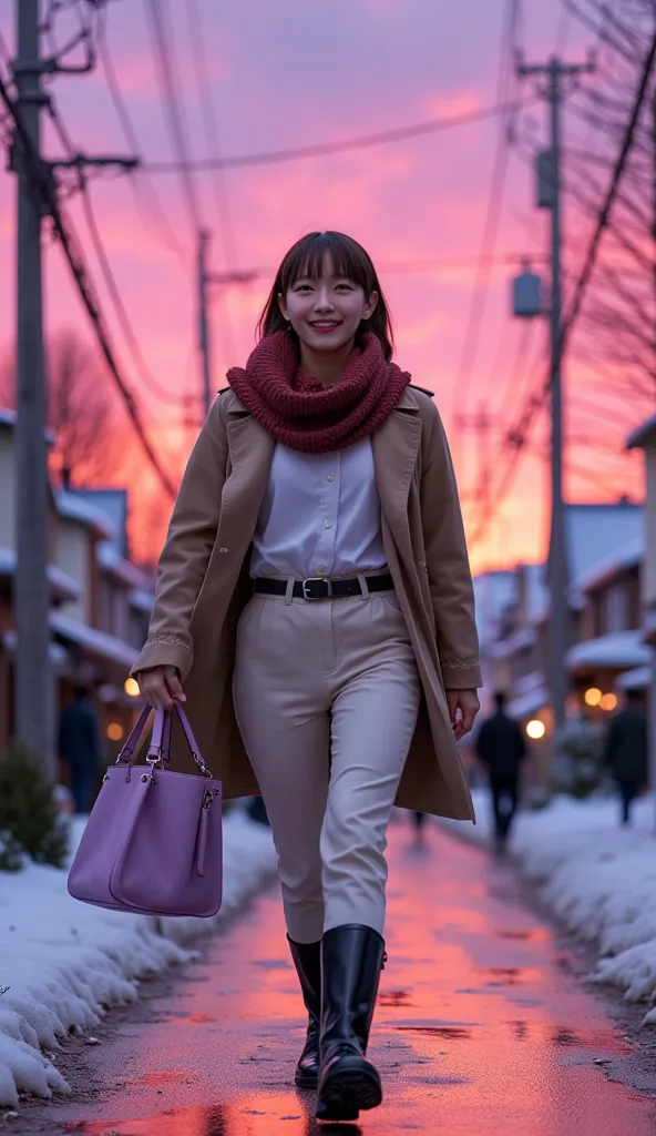 ultra-realistic, photorealistic, dramatic scene, shadow, global-illumination, solo, (20 years old Japanese girl), very beautiful with very cute but boyish cool face, (very large breasts), slim waist, (wearing an office attire of white blowse with ivory pan...