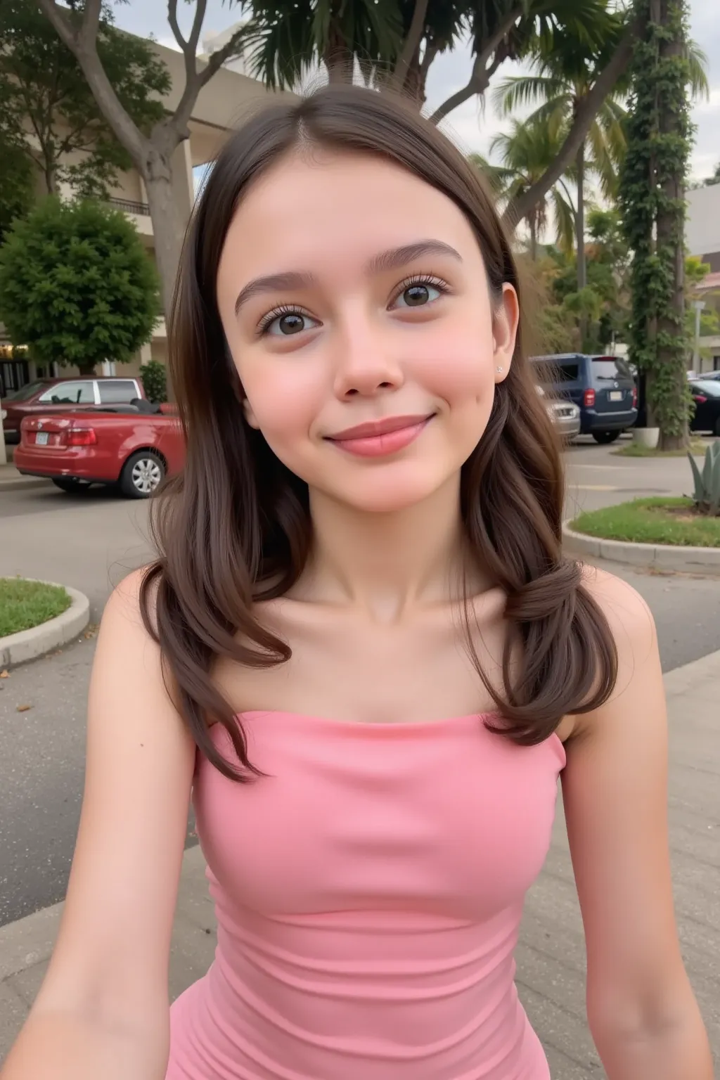 Beautiful twelve year old girl in a tight pink evening dress with bare shoulders,  outfit, anatomically correct proportions, 