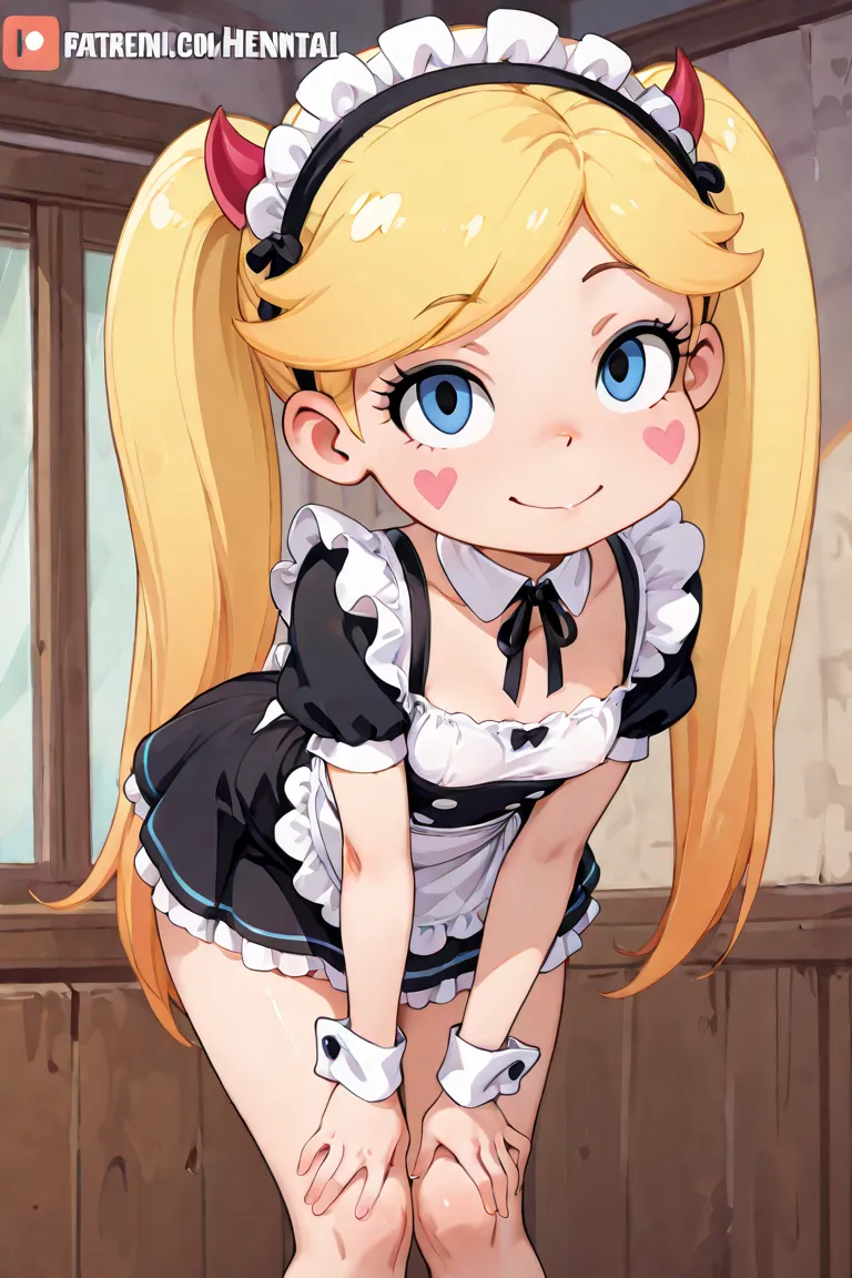 blonde, 1girl, maid uniform, french maid, Star Butterfly, anime, hentai, bent over, miniskirt