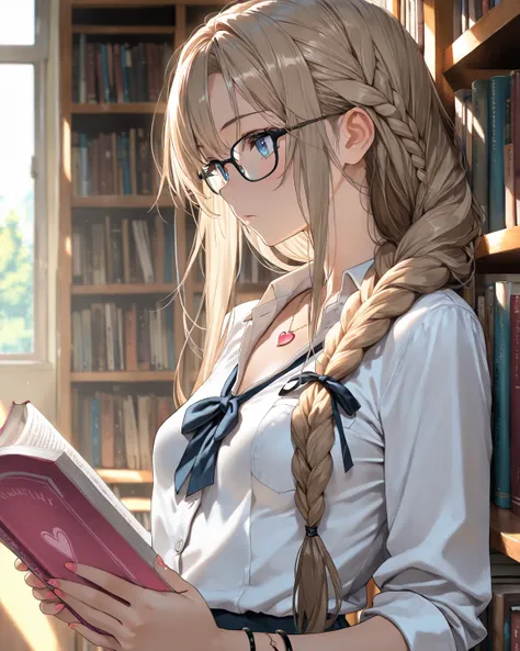 digital, (masterpiece), (highly detailed), 1girl, (very long dark blond hair), single braid, ribbon in hair, blue eyes, small breasts, cute, (black glasses), school uniform, heart necklace, dark wrist bracelets, nail polish, reading book, interested expres...