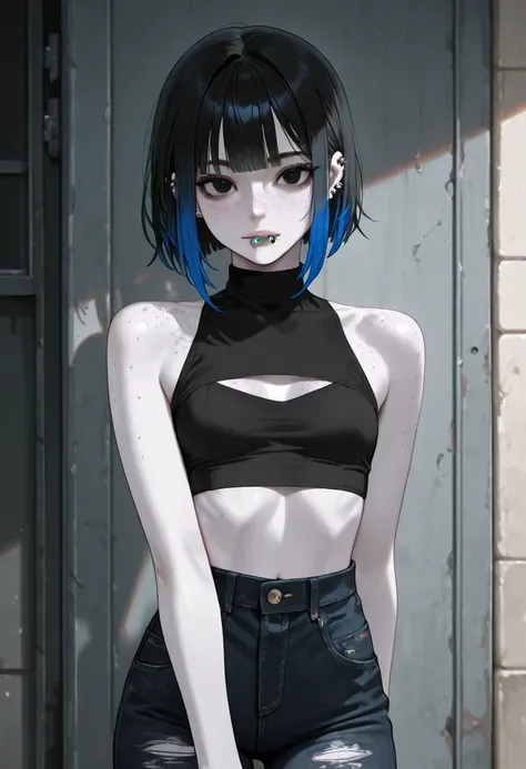 a high quality image, 4k, a one girl with black hair with blue tips, black eyes, pale skin with freckles on her body, black low-cut top, small breasts, black ripped jeans, lip piercings.
