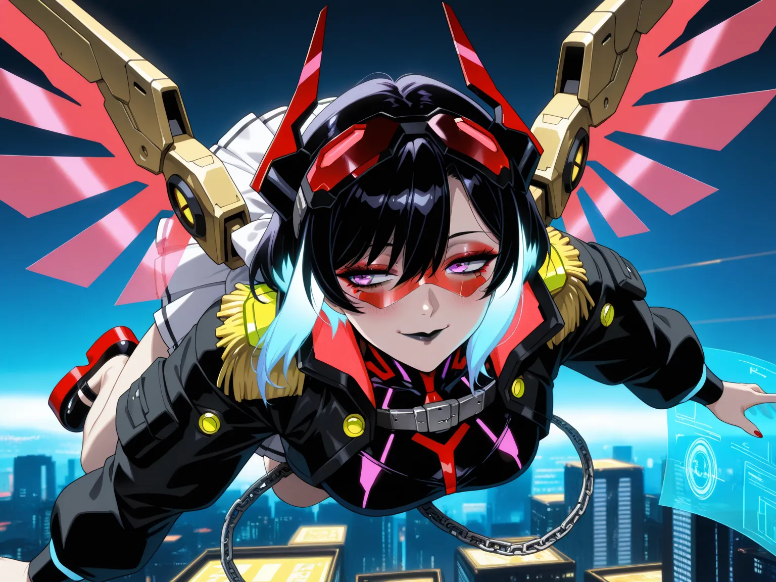 1 mature woman, (incredible high resolution, masterpiece, top quality, highly detailed, CG, high quality anime drawing), (mechanical horns on top of the head, mechanical wings that accentuate the cyberpunk look), (cyber-inspired villain costume, design com...