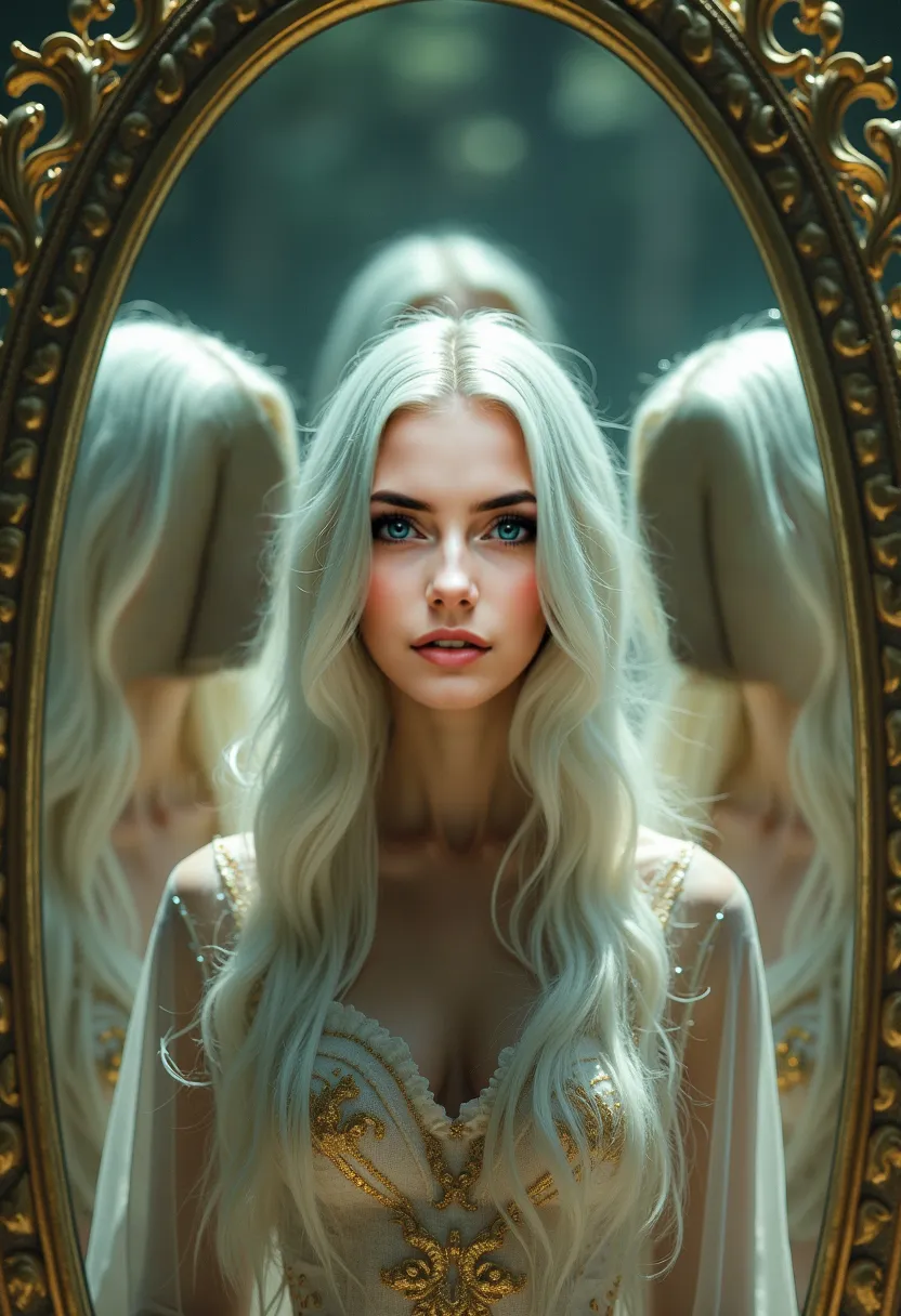 "A beautiful Instagram model with long white hair and green eyes stands inside a massive kaleidoscope of mirrors, each reflection showing a different version of herself—one crying, one laughing, one looking like a queen, one covered in gold