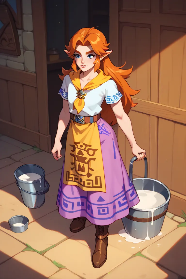 Malon from The Legend of Zelda, white blouse, yellow neckerchief, short sleeves, belt, purple ornament skirt, long skirt, leather hip apron, brown boots, ginger hair, spoiled by milk, empty bucket on ground