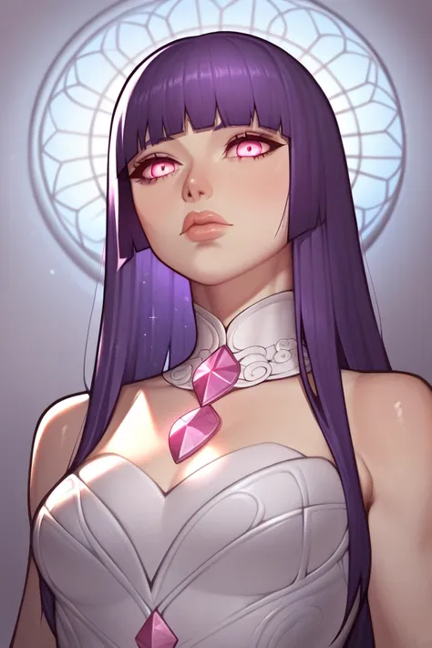 Anime woman with purple long hair in Hime Cut(Straight side locks and frontal Bangs), with pink misterious eyes(Looking at the viewer from a low angle)