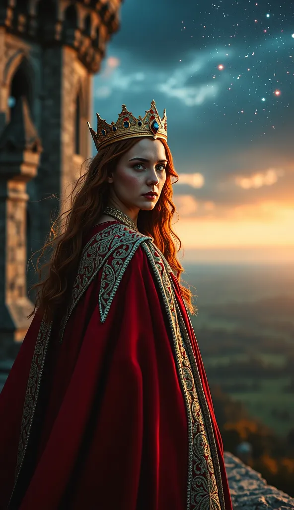 "A hyper-realistic and cinematic depiction of Eleanor of Aquitaine standing atop the battlements of a grand medieval castle at twilight, gazing into the horizon as the sun sets behind distant rolling hills. She wears an exquisite deep-crimson and gold-embr...