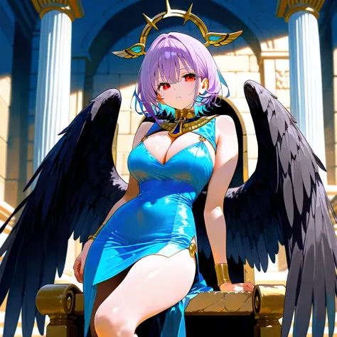 MASTERPIECE, BEST QUALITY, ULTRA DETAILED, PERFECT ANATOMY, HIGH DEFINITION, INTRICATE DETAILS, ALONE, 1girl, slender, medium-large breasts, several wings, large wings, black feathered wings, lilac hair, medium-short hair, layered hair, orange eyes, sensua...