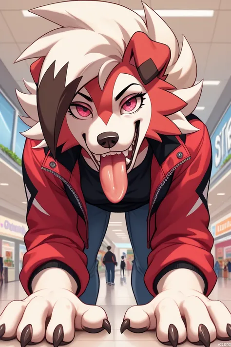 furry Lycanroc, pokemon, smirking expression, pretty, cartoon, comic book style, sharp pointy teeth, long pink tongue hanging out of their mouth, in the mall, looking at viewer, female, emo furry, spikey hair, wide tongue, holding the viewer, macro