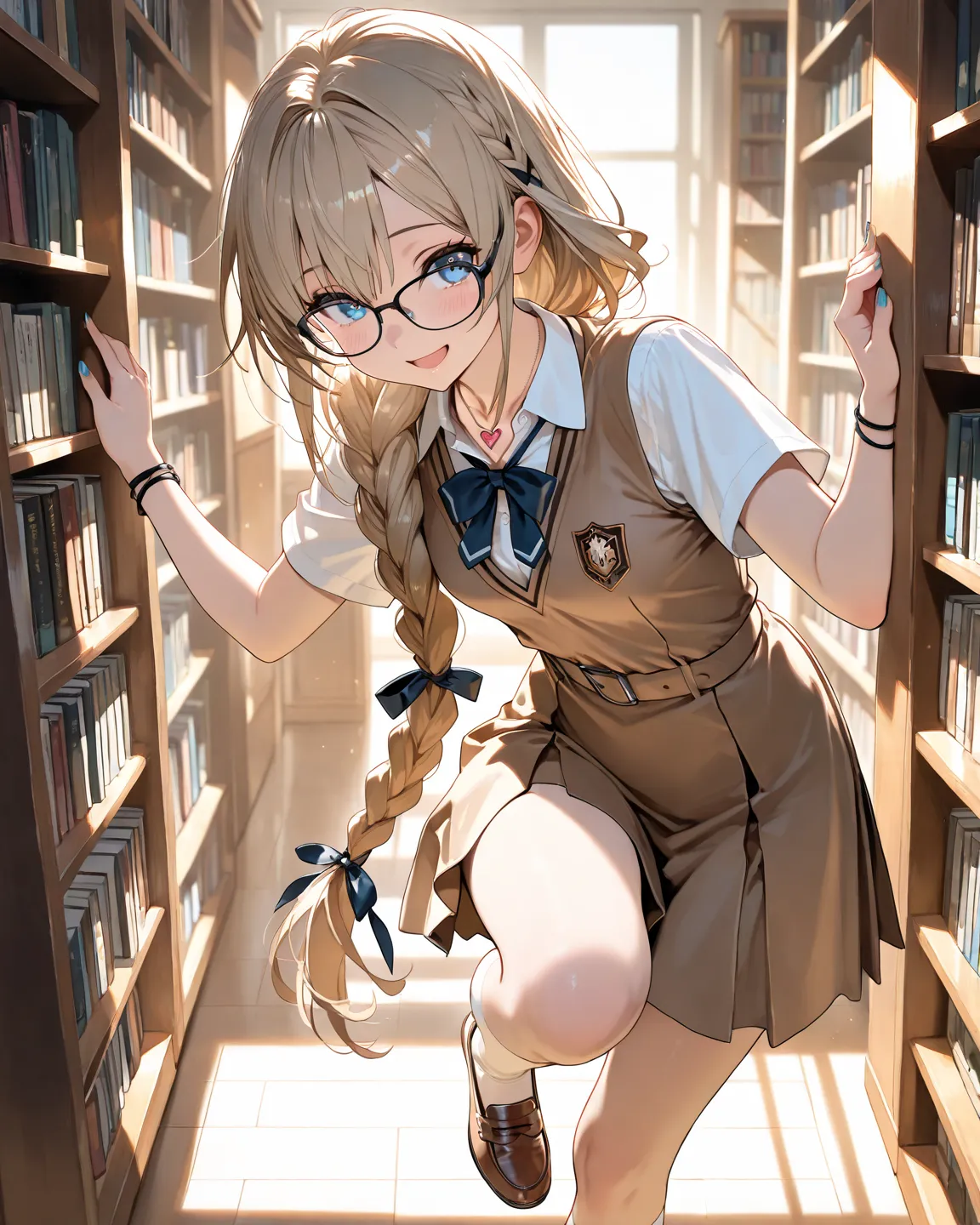 digital, (masterpiece), (highly detailed), 1girl, (very long dark blond hair), single braid, ribbon in hair, blue eyes, small breasts, cute, (black glasses), school uniform, white knee socks, brown school shoes, heart necklace, dark wrist bracelets, nail p...