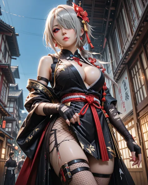 nsfw,High resolution Unity 8K,Top Quality Unity 8k ,break kunoichiNinja,Ninja, girls below,Together,   Silver Hair , hair over one eye  , eyeshadow,big breasts, break ベアショルダー, black kimono, black kimono,  short kimono, flower master costume , elbow gloves ...