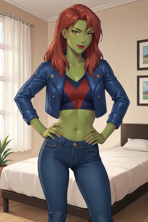 PonyXLV6_Scores BREAK (perfect anatomy, perfect eyes), BREAK mgann morzz, long hair, red hair, colored skin, green skin, freckles, brown eyes, makeup, red lipstick, ((looking at viewer)), superhero, dark blue crop top, dark blue jeans, dark blue leather ja...