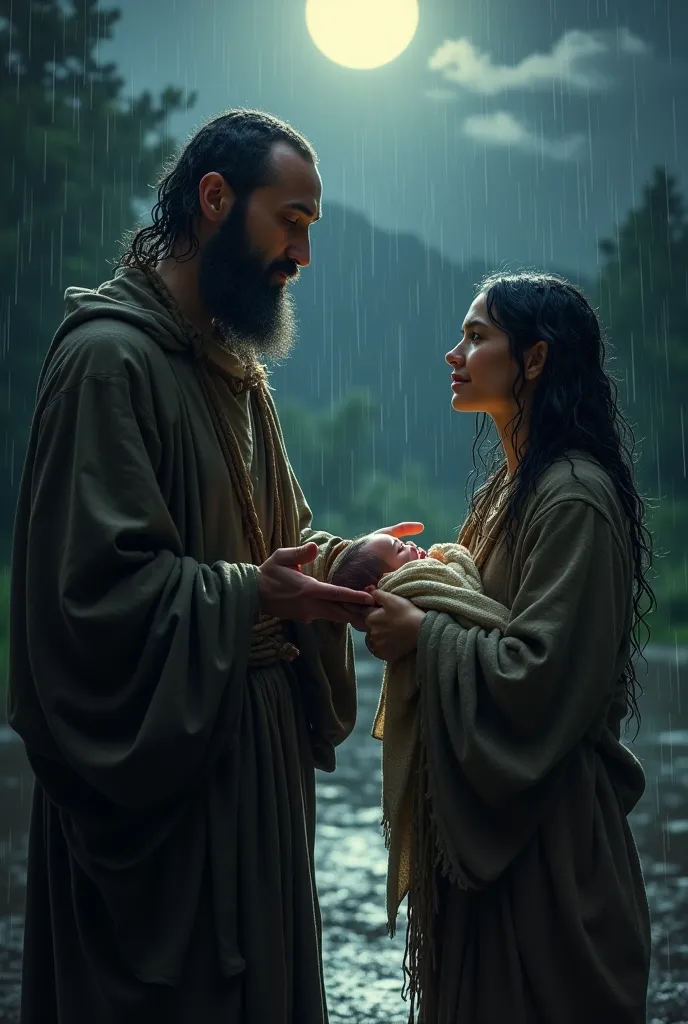 "A pilgrim monk, dressed in simple robes soaked by the rain, stands before Lysia. He has a calm and wise expression, with eyes that seem to see beyond the present. Lysia, still crying, holds the baby wrapped in cloth, while the monk extends his hands in a ...