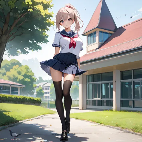 masterpiece, landscape, school, longtorso_v0.63_pony, large breasts, BREAK, solo, 1 very skinny girl standing, arched back, tiptoe, pigeon toed, BREAK, school uniform, sailor uniform, roo short skirt, thigh gap, black thighhighs, BREAK, bouncing large brea...