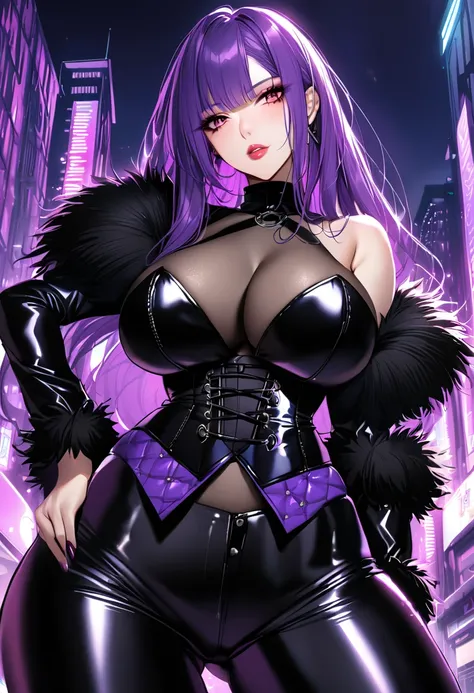 Big Breasts,Wide hips,purple long hair,black strapless outfit,straight shoulder outfit, Corset ,Black clothing, black latex pants ,Outdoor,Black clothes,Seductive Faces,Muna Hoshinova, bangs,Inner fur