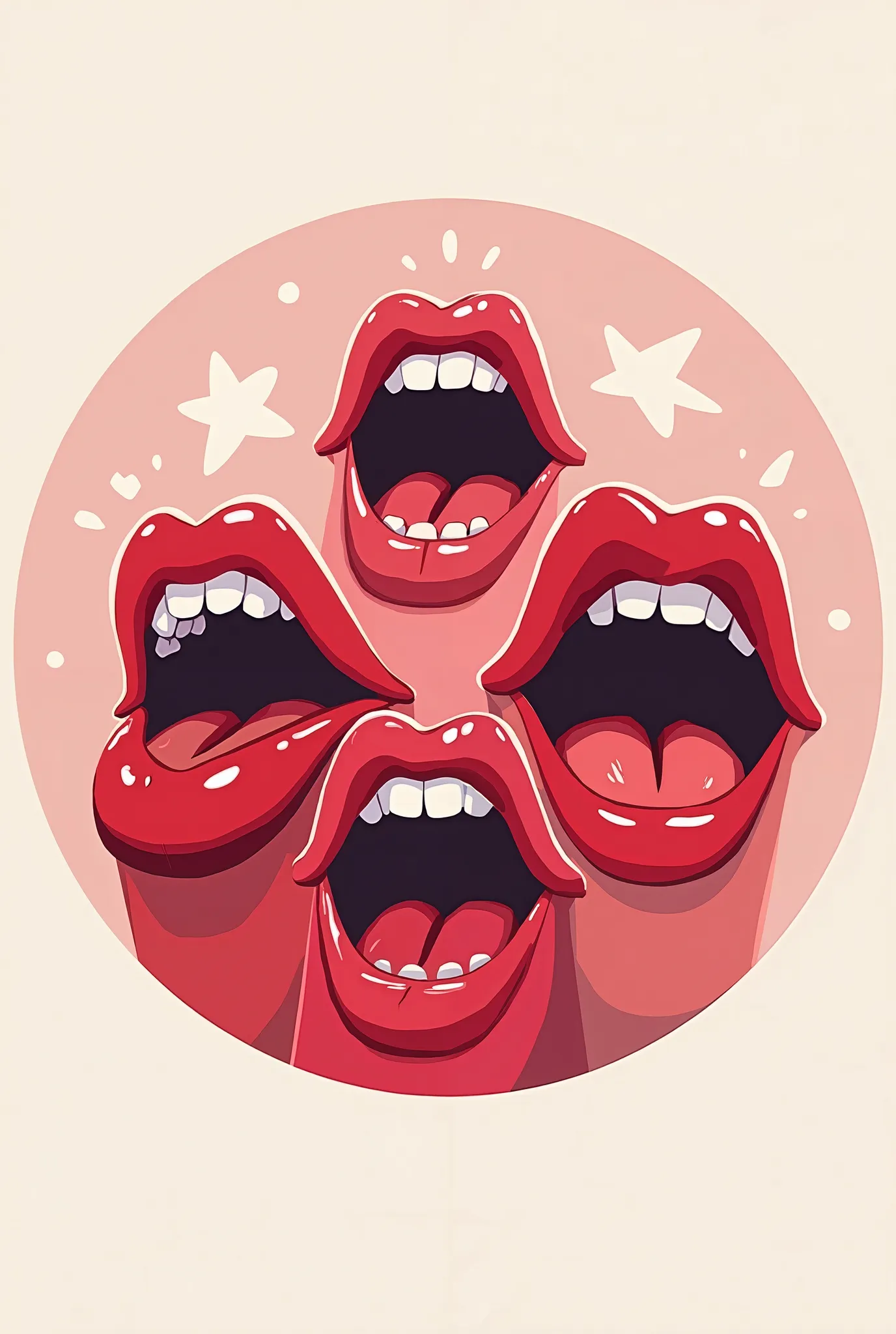 give me a logo for a podcast of 5 friends that has cartoonish mouths that are different shades of red