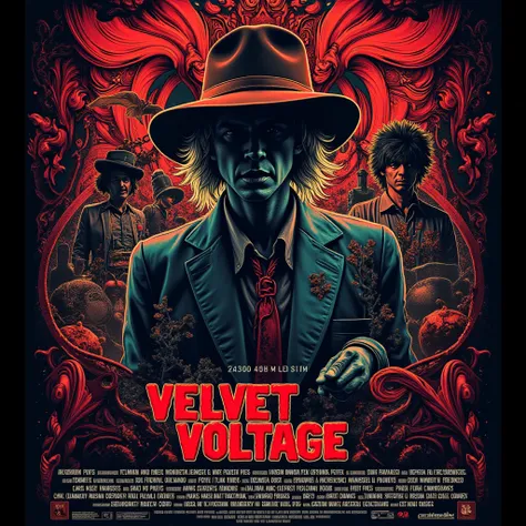 Gariboleated 8k , Highly detailed poster for the enigmatic film : ((Velvet Voltage )) A crazy man 1960s drug, thunder music, music and rockn roll style silhouette, comic style, future art, Un horror de Época Thriller de Fantasía Surrealista de los años 40 ...