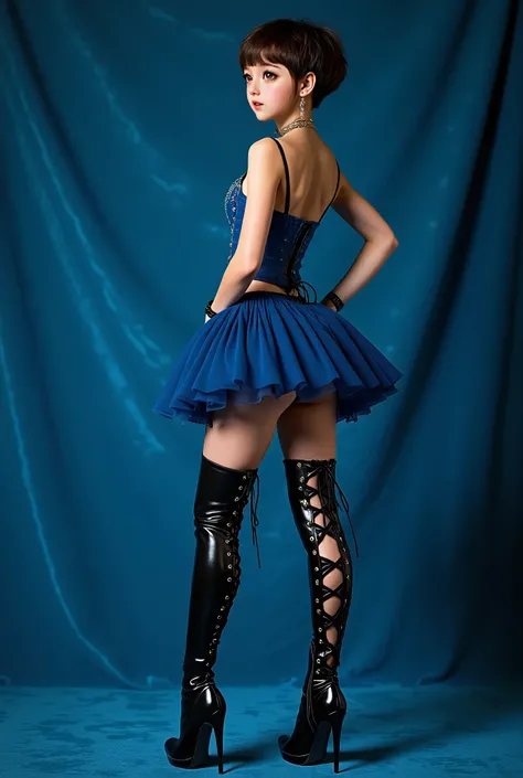 (Super Detailed), (1Girl), (Short Girl), (full body, side), ((Brown Eyes)), (Brunette), (Straight Hair), (Earrings), (Flat Chest), ((Boyish Body)), (Blue Flat Corset), (Tutu), ((Black Lace-Up Thigh High Platform Boots)), (Peep Toe), (Very High Stiletto Hee...