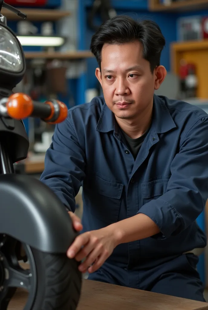 a man,  30 years old , Asia, wearing plain, dark car mechanic clothes, sitting position tightening the rear wheel nut of scoter Honda, eyes look intently at the car, face has a small oil stain, professional mechanic , wheel repair,readjusts the chain of th...