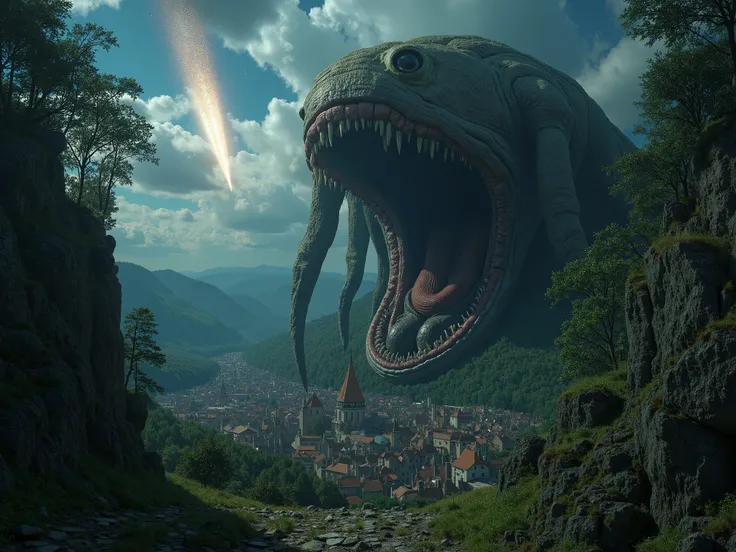 there is a meteor shower in the background.  Lovecraft . Geger. Elden ring. A huge mouth formed in the ground with teeth higher than trees. medieval houses and cities fall into it. A huge creature with many eyes with lots of thick long legs rises into the ...