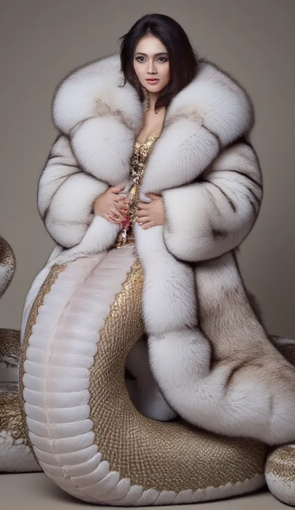   beautiful asian lady who is lamia, naga, snake queen is wearing a big fluffy fox fur coat with big fur collar,  surrounded by the huge plushie. She is sit at fur throne, her snake tail color is brown white and gold color, looking at her body , big snake ...