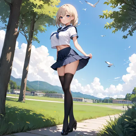 masterpiece, landscape, school, longtorso_v0.63_pony, large breasts, BREAK, solo, 1 very skinny girl standing, arched back, tiptoe, pigeon toed, BREAK, school uniform, sailor uniform, roo short skirt, thigh gap, black thighhighs, BREAK, bouncing large brea...