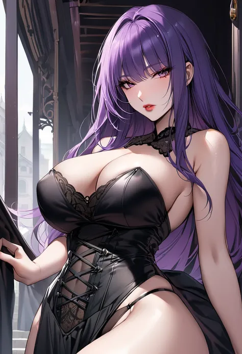 Big Breasts,Wide hips,purple long hair,black strapless outfit,straight shoulder outfit, Corset ,Black clothing,Black suspender panties,Outdoor,Black clothes,Seductive Faces,Muna Hoshinova, bangs,Inner fur