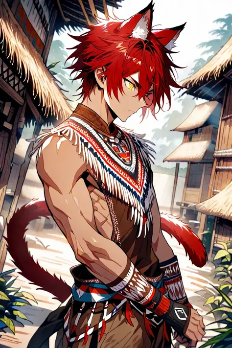 MASTERPIECE, BEST QUALITY, ULTRA DETAILED, PERFECT ANATOMY, HIGH DEFINITION, INTRICATE DETAILS, ALONE,(MALE), 1BOY, toned, slim, red hair, long unruly hair, golden eyes, slit pupil, cat ears, cat tail, sharp nails. Male indigenous attire, brown shorts, bro...