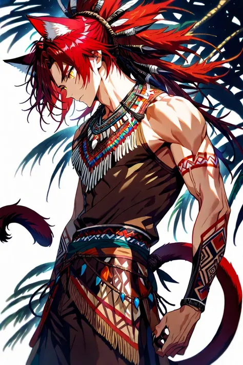 MASTERPIECE, BEST QUALITY, ULTRA DETAILED, PERFECT ANATOMY, HIGH DEFINITION, INTRICATE DETAILS, ALONE,(MALE), 1BOY, toned, slim, red hair, long unruly hair, golden eyes, slit pupil, cat ears, cat tail, sharp nails. Male indigenous attire, brown shorts, bro...